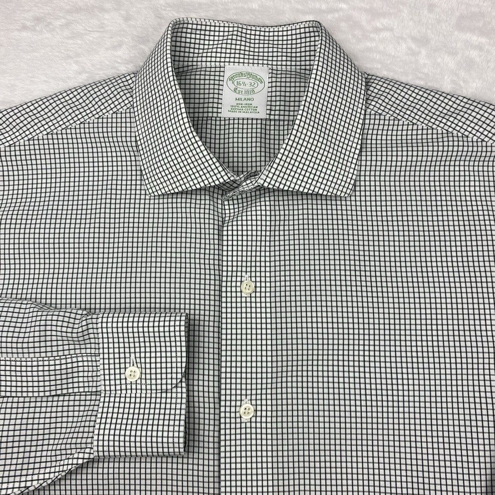 Brooks Brothers Dress Shirt Mens 16.5-32 Green/White‎ Checks Milano Non Iron
